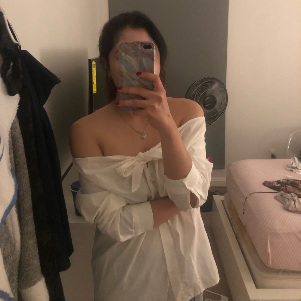 H&M white off shoulder baggy top with ribbon